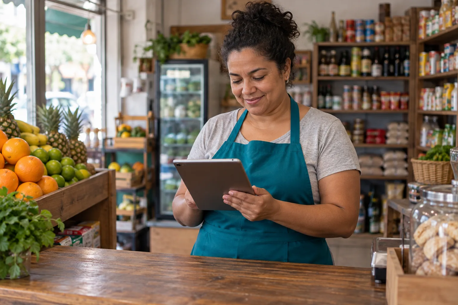 Cena ilustrativa de uma comerciante usando um tablet no seu mercado